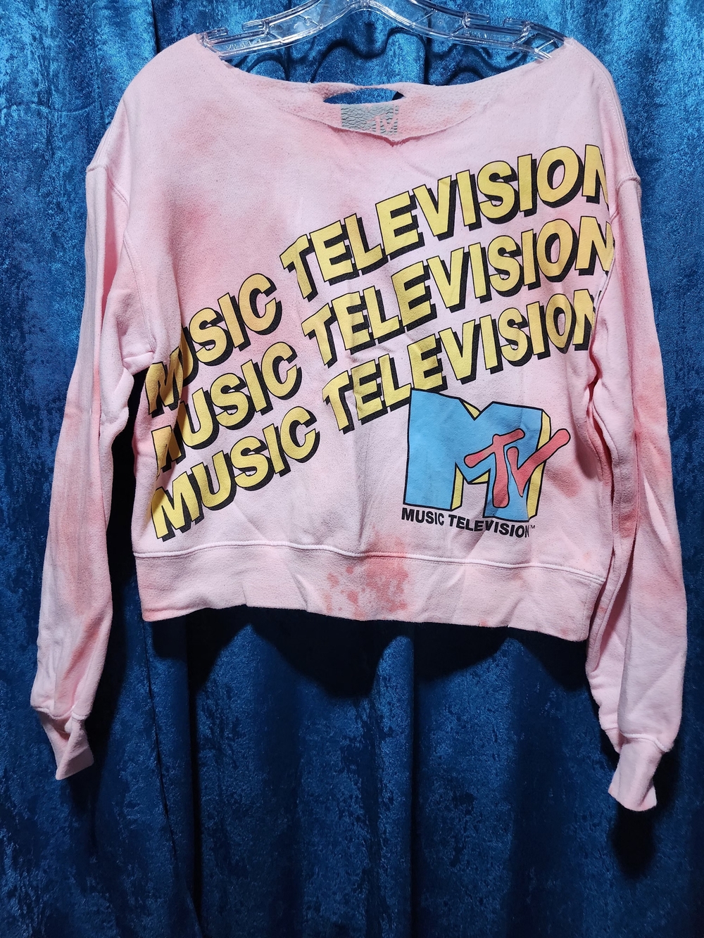 Upcycled Distressed MTV Pink Crewneck Sweatshirt with Yellow & Blue Logo